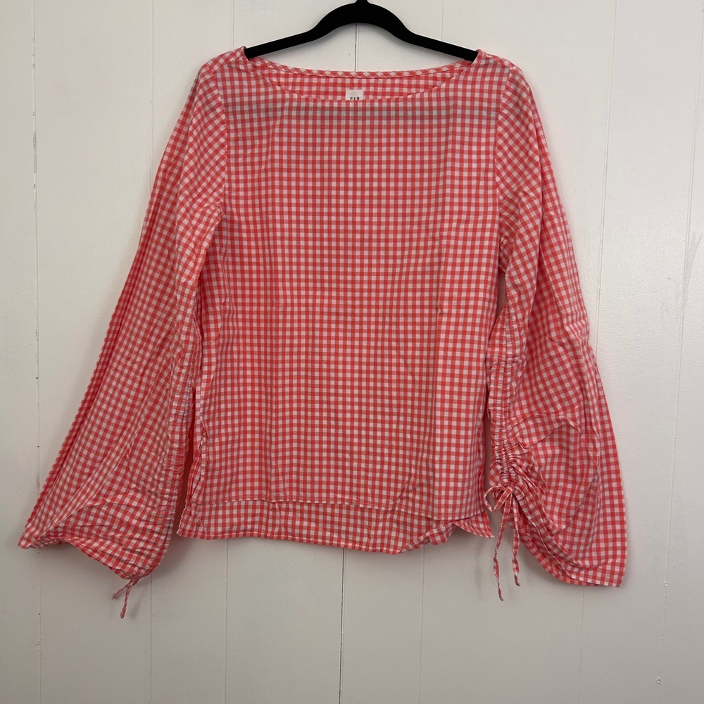 GAP Womens Orange Gingham Bell Sleeve Ruched Tie Blouse XS 100% Cotton